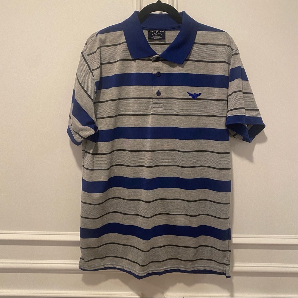 Canyon Club Polo Shirt Men's XL Blue Gray Striped Short‎ Sleeve Golf Eagle Logo